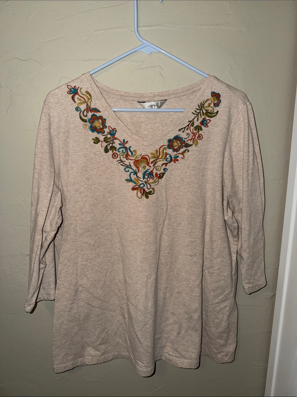 CJ Banks Embroidered V-Neck Long Sleeve Top - Cream